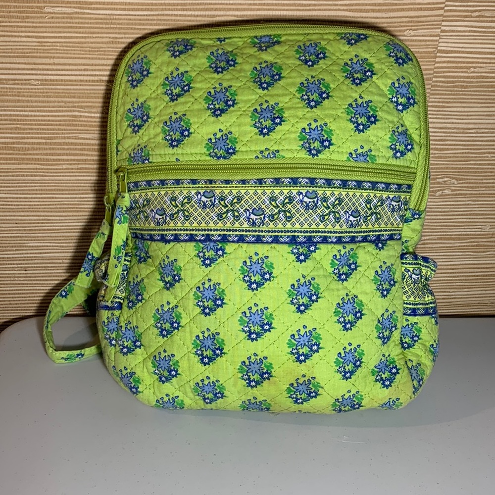Quilted backpack Zip closure Lime Green with Blue and White Flowers